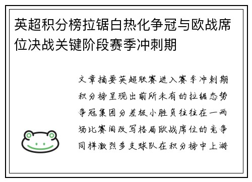 英超积分榜拉锯白热化争冠与欧战席位决战关键阶段赛季冲刺期